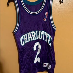 Champion Purple and white Larry Johnson Charlotte Hornets jersey small #NBA